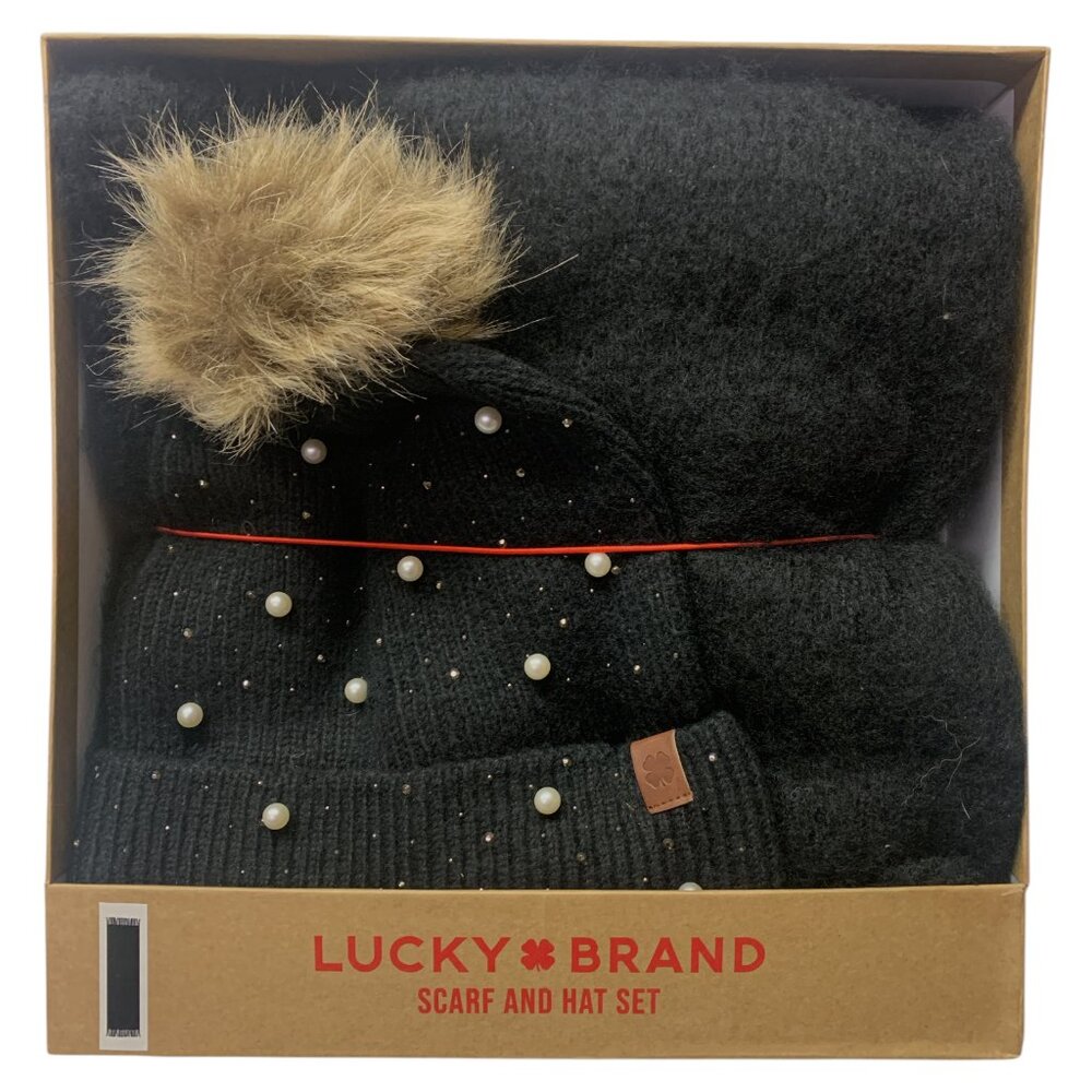 Lucky Brand Women's Soft Knit Scarf and Faux Fur Pom Hat Gift Set